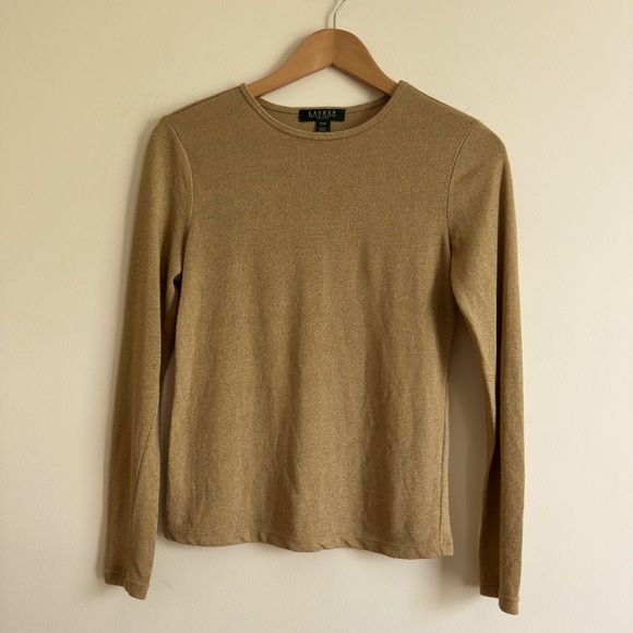 Ralph Lauren Tan Fitted metalic gold Long Sleeve Top size M/P - Picture 5 of 9